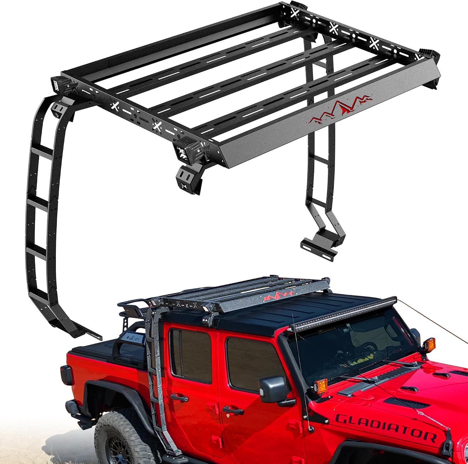 MONOKING Roof Rack with Ladder & LED Lights for 2020-2026 Gladiator JT Unlimited 4 Doors Hardtop, Carrier Luggage Storage Holder Roof Storage Rack