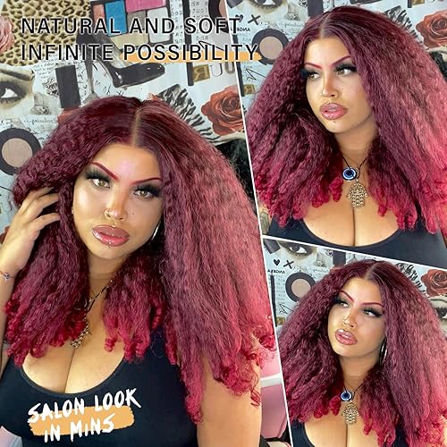 Miniatura 6 de SOKU Peluca sintética con encaje frontal de 20 pulgadas, color rojo burdeos, afro, afro, con extremos rizados, previamente despuntada, encaje