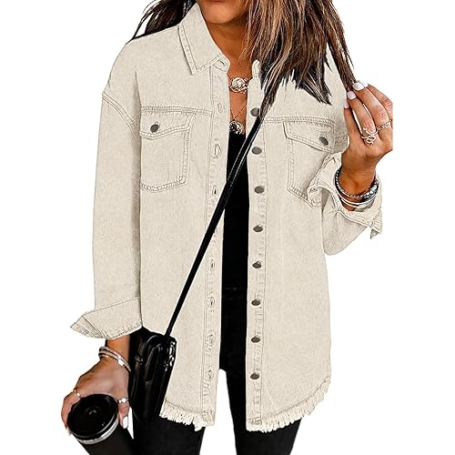 Vetinee Women’s Oversized Button Up Frayed Hem Shacket Long Sleeve Pockets Denim Jean Jacket