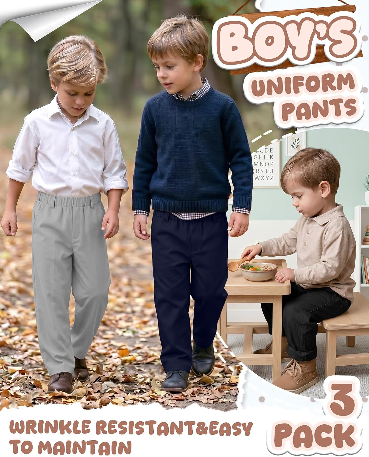 3 Pack Toddler Boys School Uniform Pants, Elastic Waist Straight Leg Pull-on Pants with Pockets for Toddler