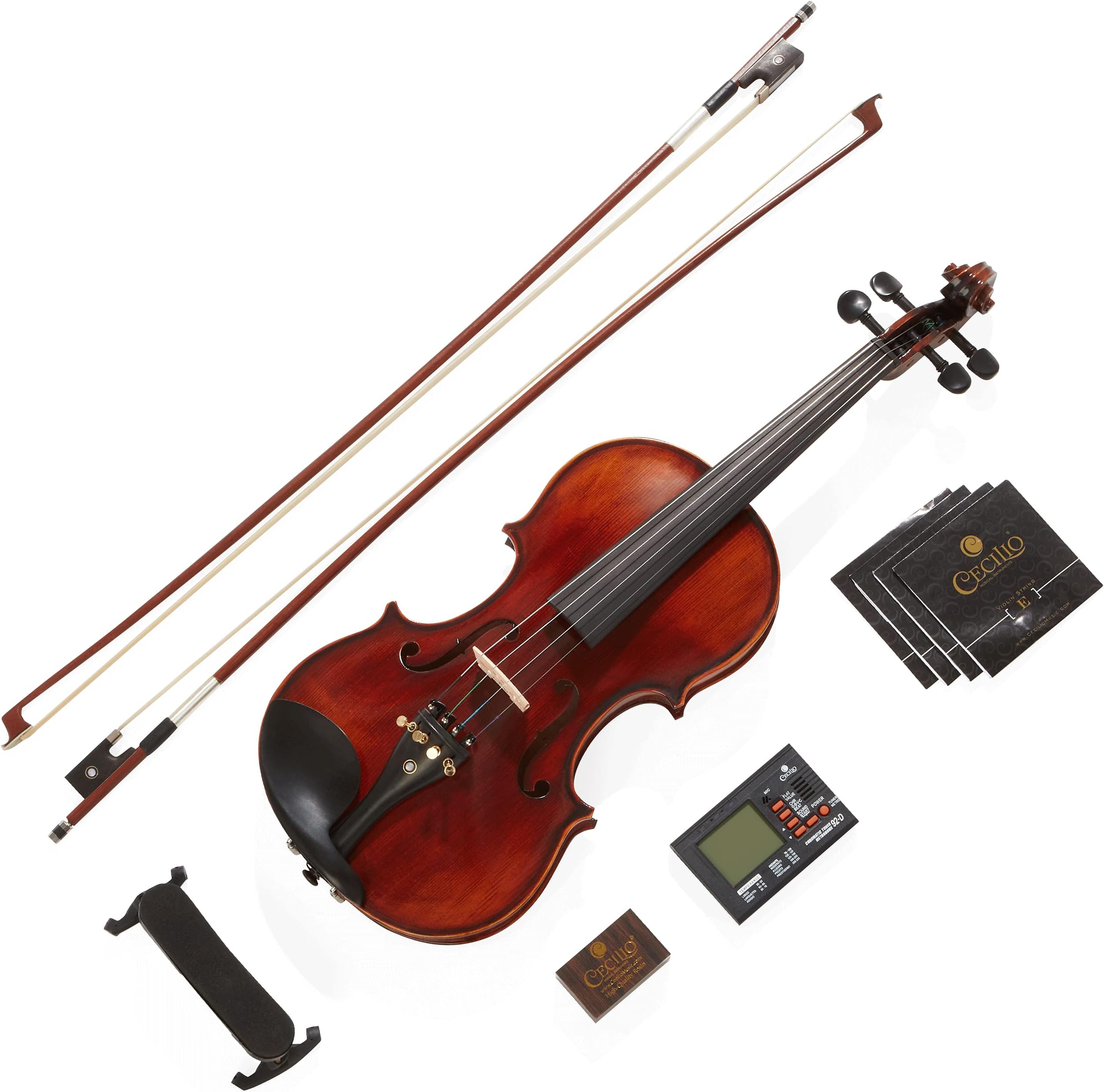 Mendini By Cecilio Violin - MV500+92D - Size 1/2, Black Solid Wood - Flamed, 1-Piece Violins w/Case, Tuner, Shoulder Rest, Bow, Rosin, Bridge & Strings - Adult, Kids, Pearl (Renewed)