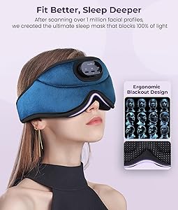 MUSICOZY 3D Bluetooth Sleep Mask with Headphones and Timer, Wireless Sleep Headphones for Side Sleepers, Eye Mask with Bluetooth Headphone, Blue