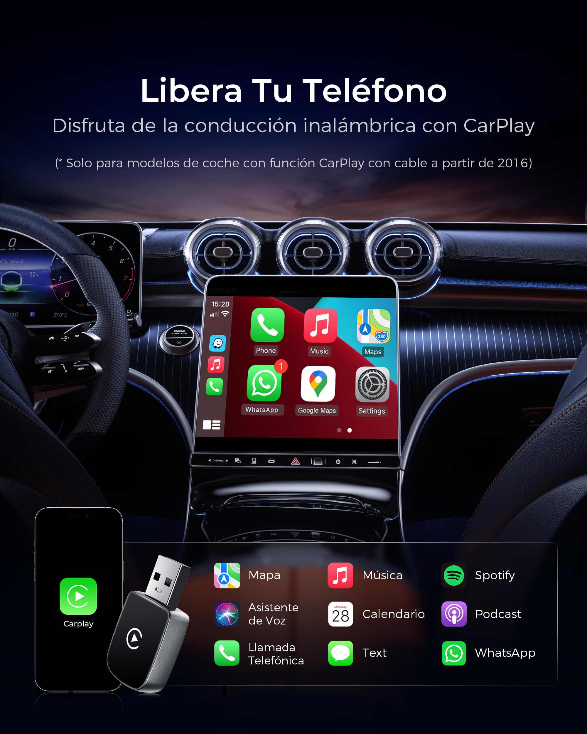 Adaptador CarPlay Inalámbrico, Bluetooth V5.3 Conexión Estable, 5.8GHz WiFi de Alta Velocidad, USB A/C, Convierte Coches con CarPlay por Cable en Inalámbrica, para Apple iPhone iOS 10+