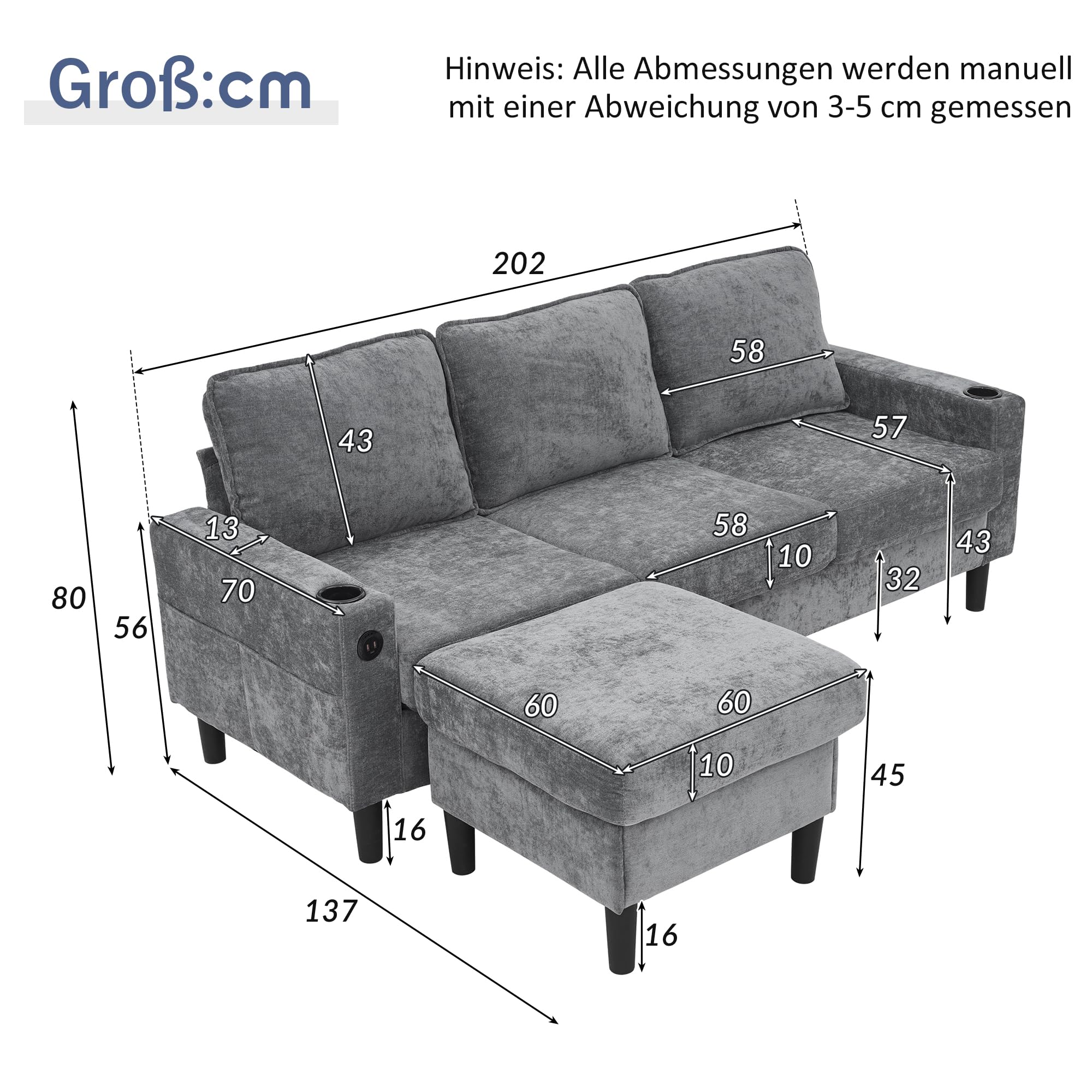 Merax Ecksofa 3-Sitzer Sofa mit Polsterhocker, Gepolstertes Sofa mit USB & Typ-C, 2 Getränkehaltern, L-förmiges Schlafsofa, Polstermöbel für Wohnzimmer, Wohnung, Lounge und Schlafzimmer, Grau