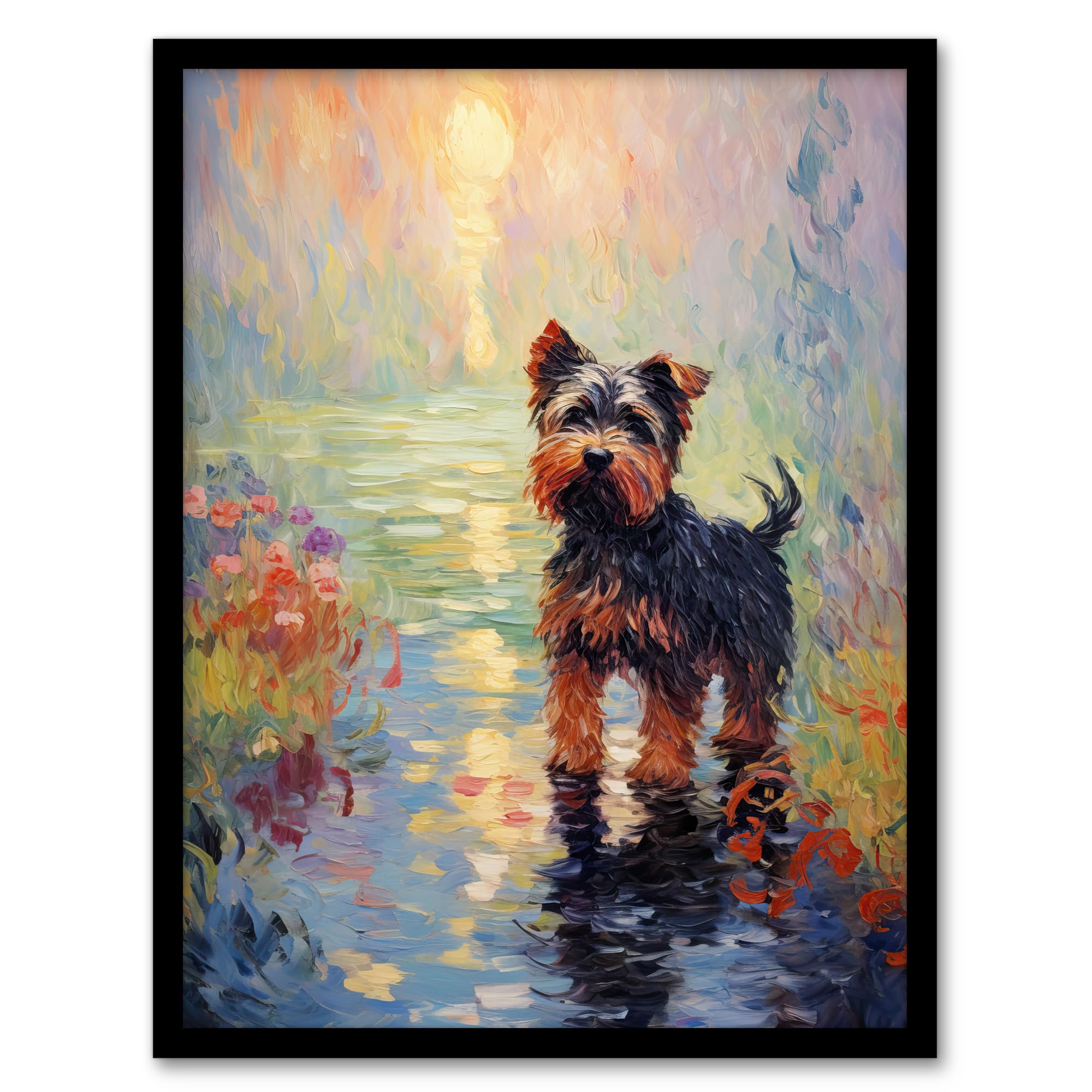 Artery8 Yorkshire Terrier Claude Monet Style Dog Oil Painting Sunrise Walk By Lake Artwork Framed Wall Art Print A4