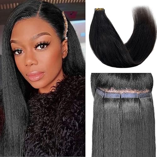 Tape in Hair Extensions Human Hair Black Women Seamless Yaki Straight Tape on Hair Extensions with Invisible Tape Attached Semi Permanent Tape ins for Long Hair 26"