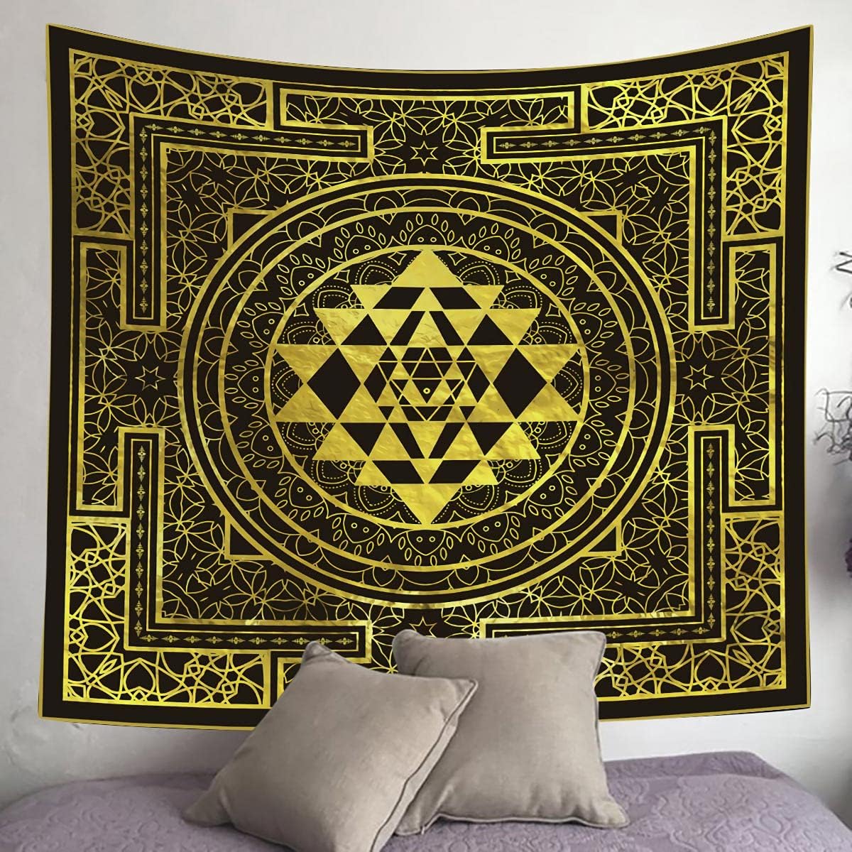 SHRAPHY Golden Sri Yantra Tapestry 60x60 Inches Mandala Sacred Geometry Decor Tapestry Yoga Meditation Spiritual Tapestries for Room Bedroom GTHYUH566