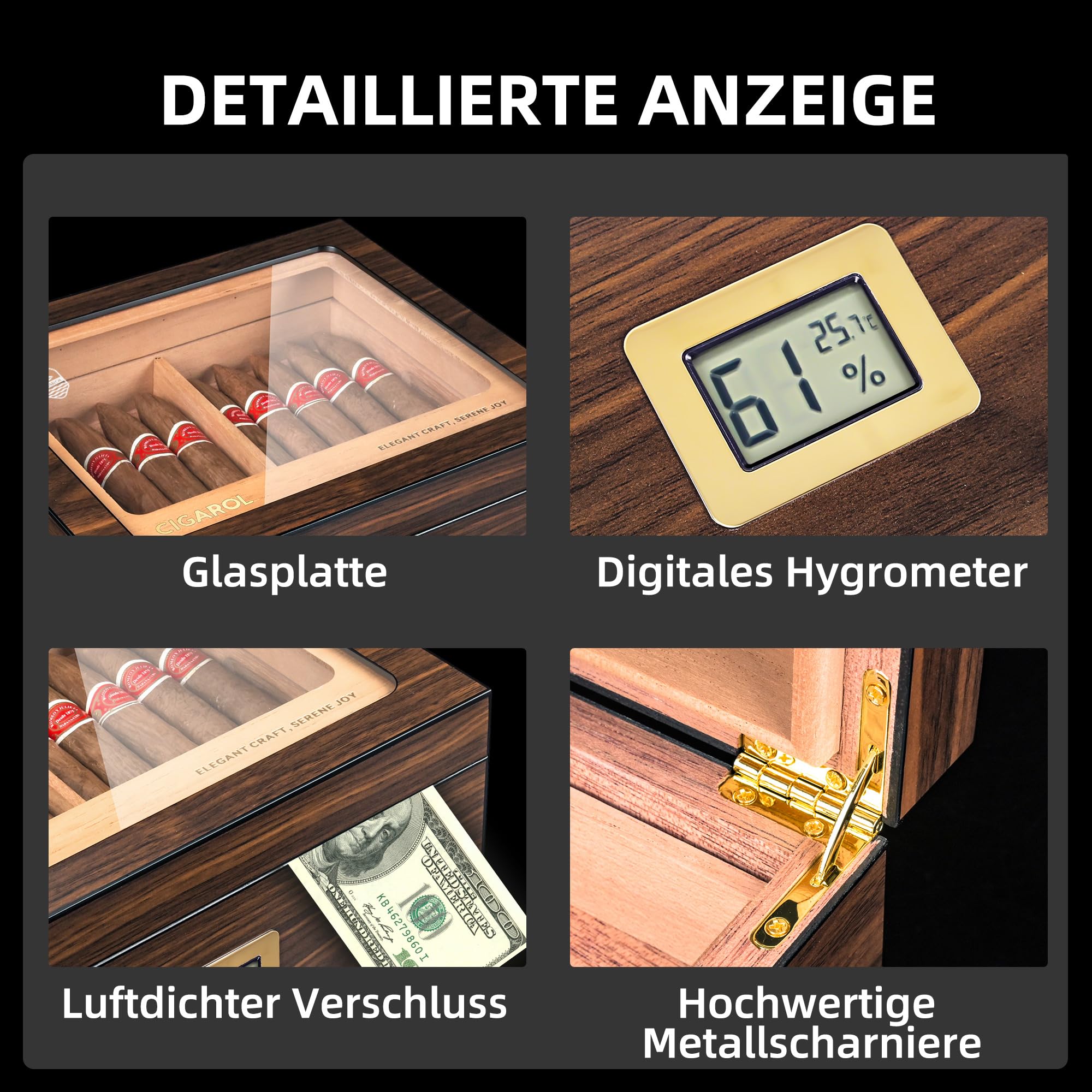 Humidory cygar, humidory, hiszpański cedr, drewniane pudełko na cygara i nawilżacz powietrza, do 20-25 cygar, akcesoria dla mężczyzn na prezent (BW)