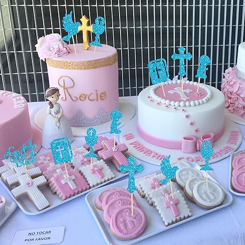 Miniatura 6 de Gyufise 24 piezas de decoración para magdalenas con purpurina de paloma con purpurina para la cruz de la Biblia para magdalenas, primera comunión,