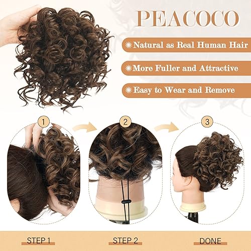 Miniatura 10 de PEACOCO Moño desordenado corto rizado extensión de cola de caballo cordón elástico moño suelto piezas de pelo para mujeres con cabello adelgazante
