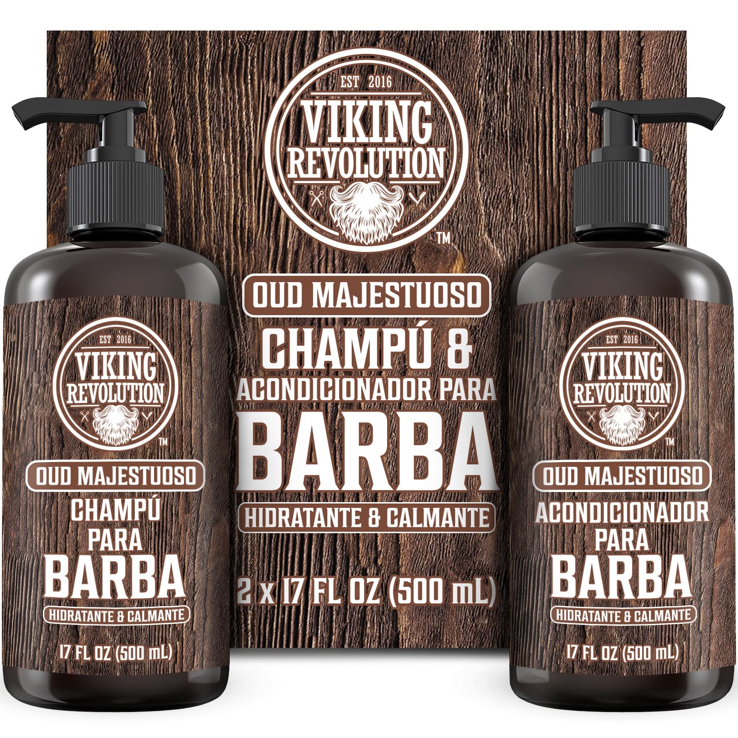 Viking Revolution Juego de Champú y Acondicionador de Barba con Aceites de Argán y Jojoba - Champú Barba Hombre que Suaviza, Alisa y Fortalece el Crecimiento - Oud Majestuoso 2x500 ml