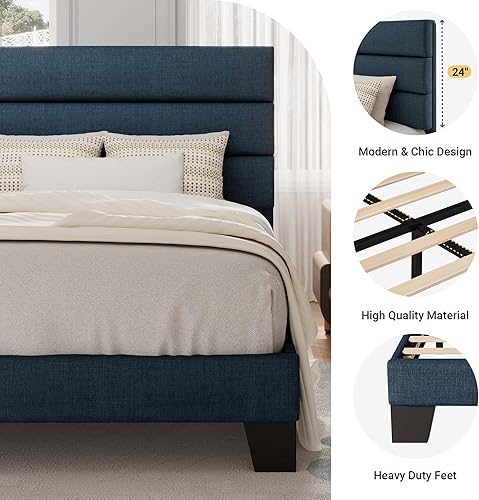 Miniatura 89 de Allewie - Base de cama tamaño King con cabecera tapizada en tela y soporte de listones de madera; base de colchón completamente tapizada; no Azul