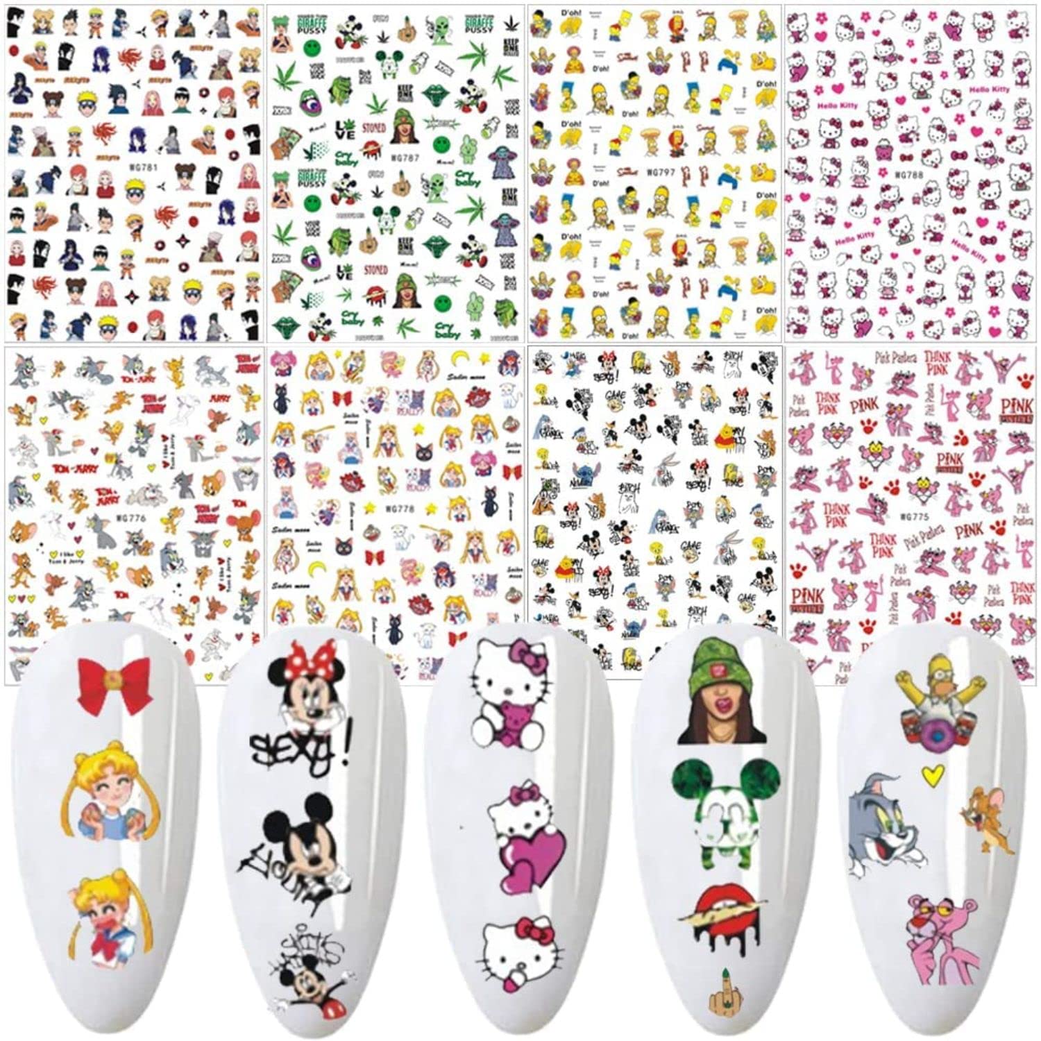 FAMEZA 8 Sheets Cute Cartoon 3D Self-Adhesive Nail Art Stickers and Decals With Tweezer