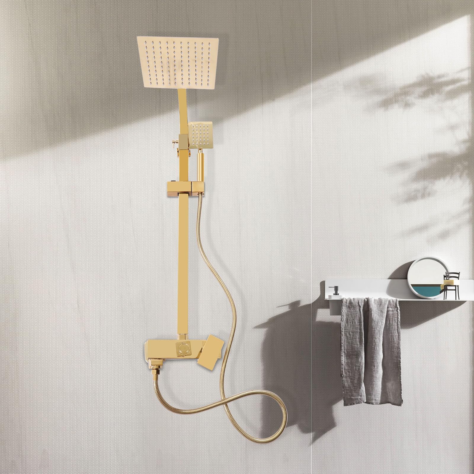 Set doccia in rame in acciaio inox dorato con altezza regolabile (80 – 113 cm) e 2 soffione doccia (pioggia/doccetta) – antiruggine, valvola in ceramica, anti-scottatura, facile da installare per