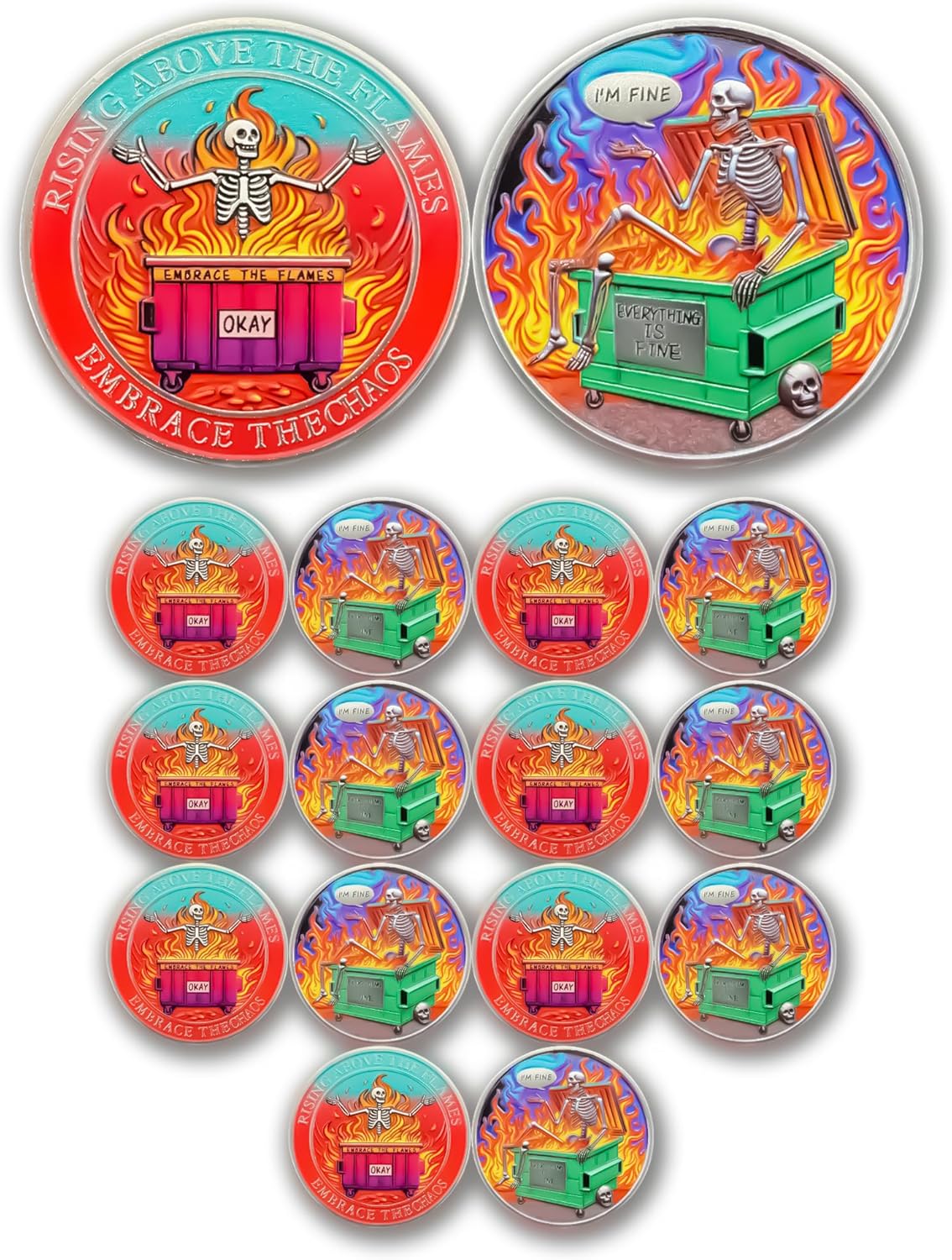 16PCS Fine - Skull Dumpster Fire Challenge Coin - The Strongest Steel is Forged Dumpster Fire Coin - Funny Desk Accessories for Work - Inspirational Gifts for Office Colleagues