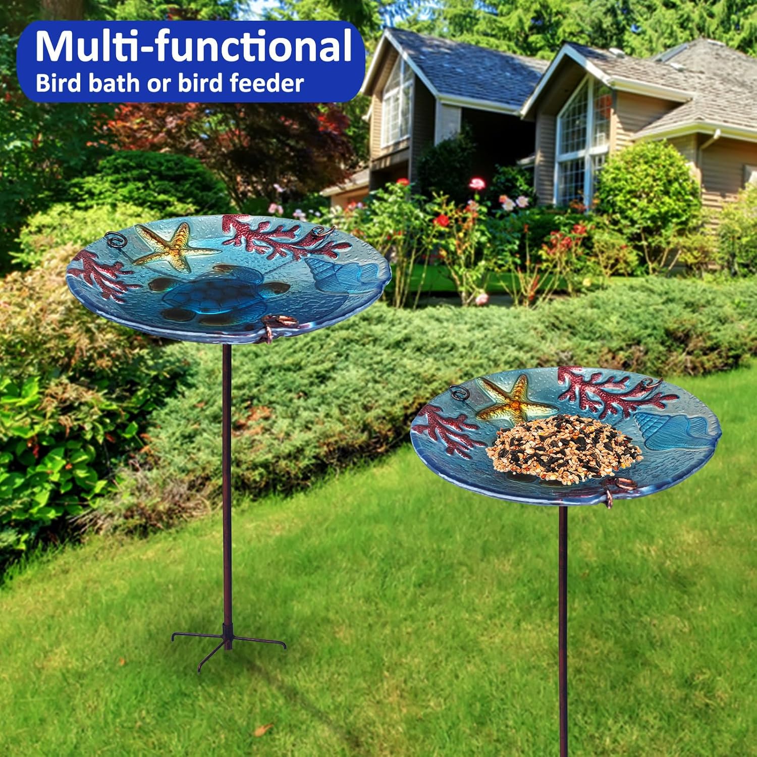 Bird Bath, Sea Turtle Glass Bird Bath for Outside, Birdbaths for Outdoors Bird Feeders with Metal Stake, Turtle Bird Bath Outdoor Décorations, Standing Small Birdbath Bowl for Outside-Sea Turtle Blue