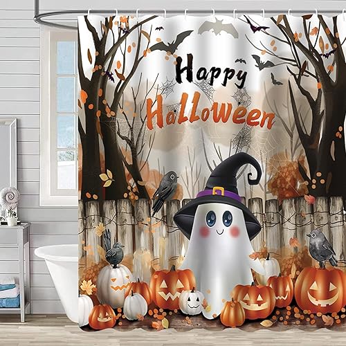 Miniatura 2 de Cortina de ducha con diseño de fantasma, calabaza malvada espeluznante, murciélago, hojas de otoño, cortinas de baño, cortina de baño de tela de