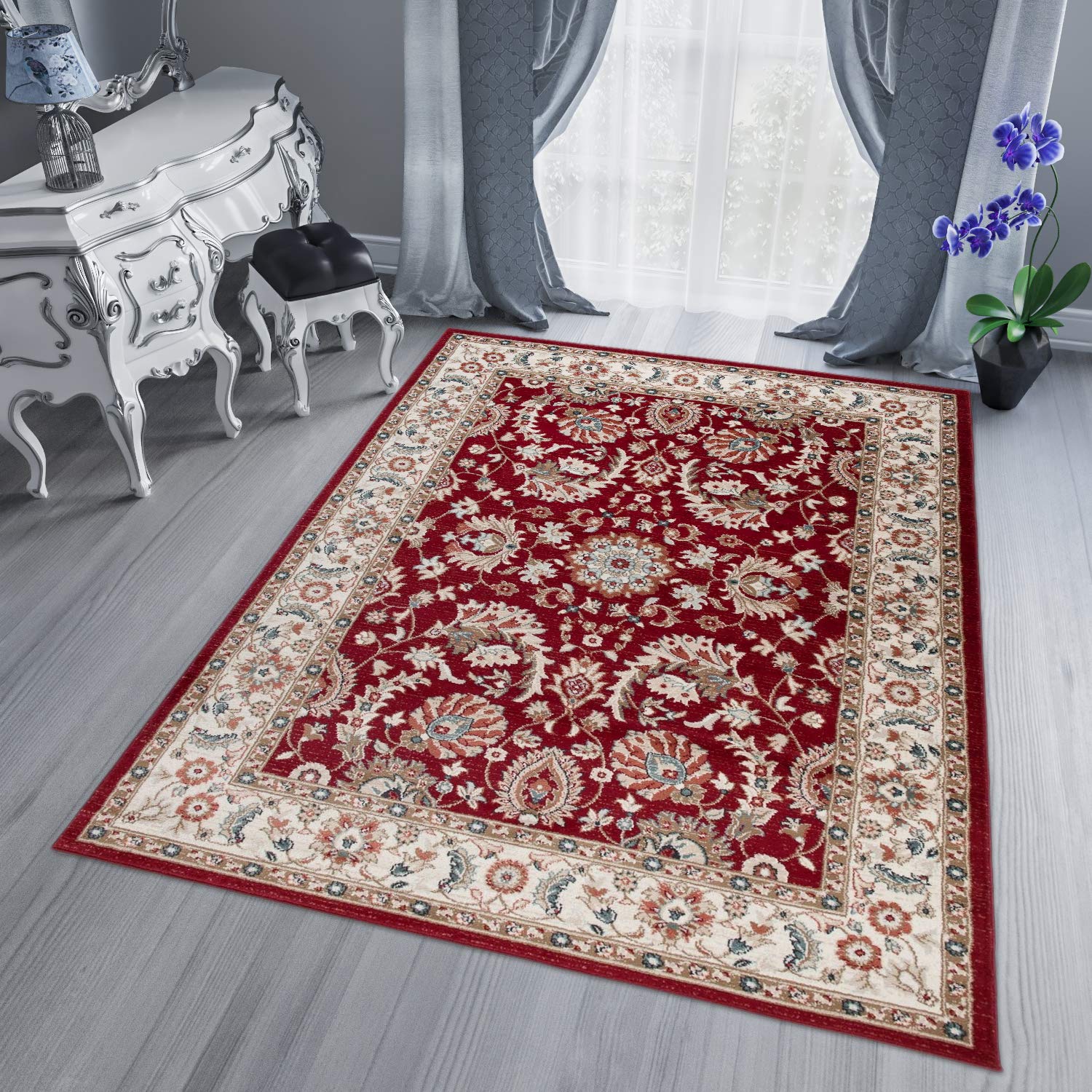 TAPISO Dubai Tappeto Tradizionale Pelo Corto Soggiorno Design Classico Motivo Floreale Ornamenti tonalità Rosso Beige Salotto Sala Camera Ufficio Oeko-Tex 80 x 150 cm