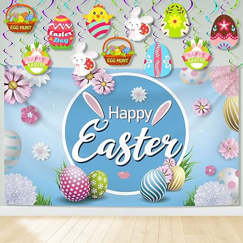 Miniatura 1 de Gran pancarta de Pascua de 72 x 44 pulgadas, remolinos colgantes de Pascua, paquete de 30 unidades, pancarta de conejo de Pascua, decoraciones de