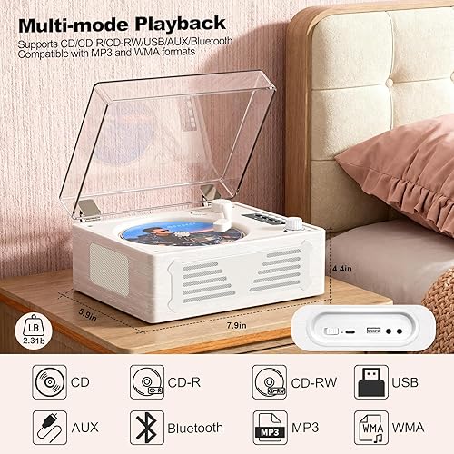 Miniatura 3 de Reproductor de CD portátil con Bluetooth para el hogar, reproductor de CD con altavoces integrados, diseño de escritorio compacto, USB, AUX,
