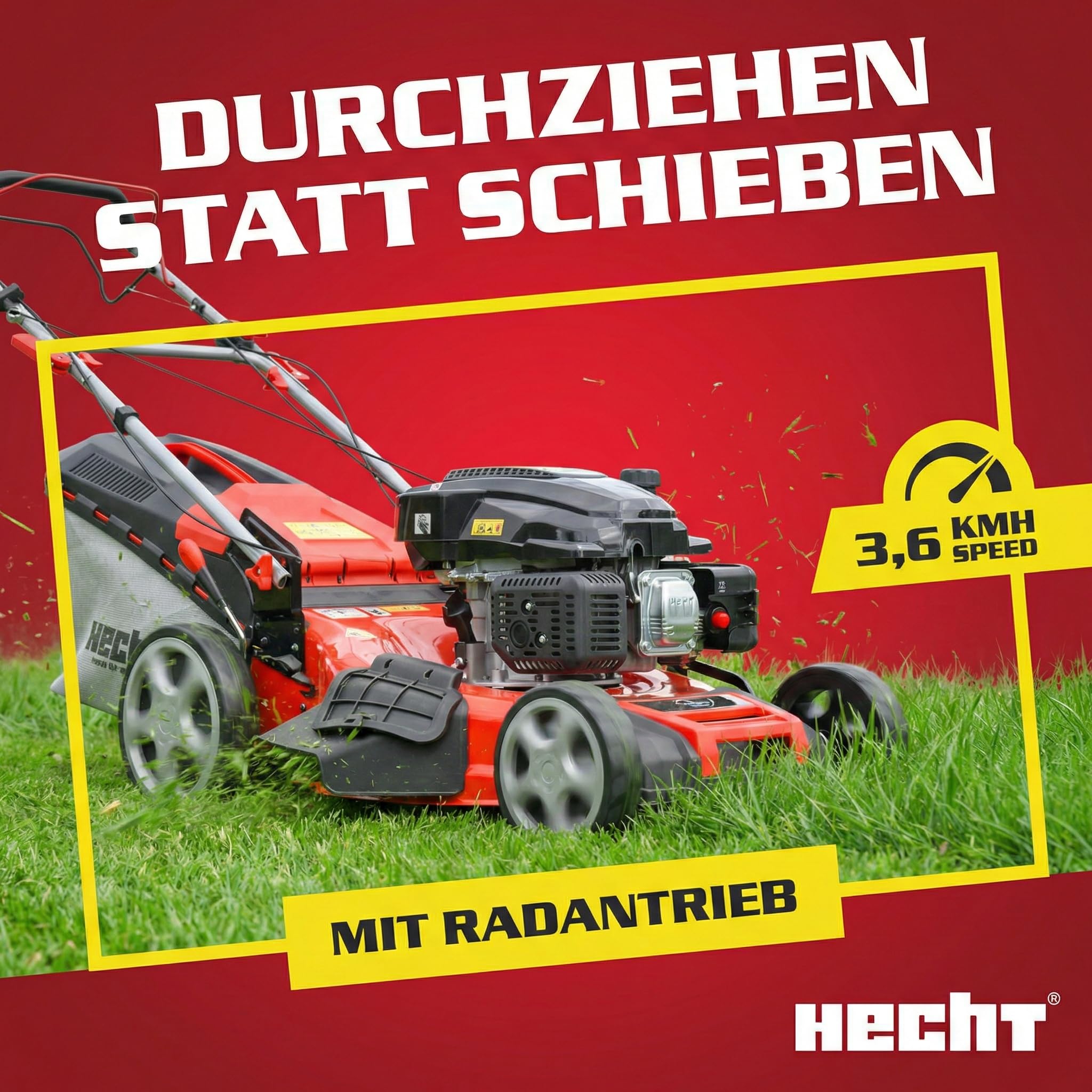 HECHT 5-IN-1 Benzin Rasenmäher – leistungsstarker 4 Takt Eco Motor 4,4 kW (6,0 PS) – Seilzug Starter – mit 53 cm Schnittbreite – 75 l Fangkorb – Radantrieb – patentierte Räder – Mulchmäher