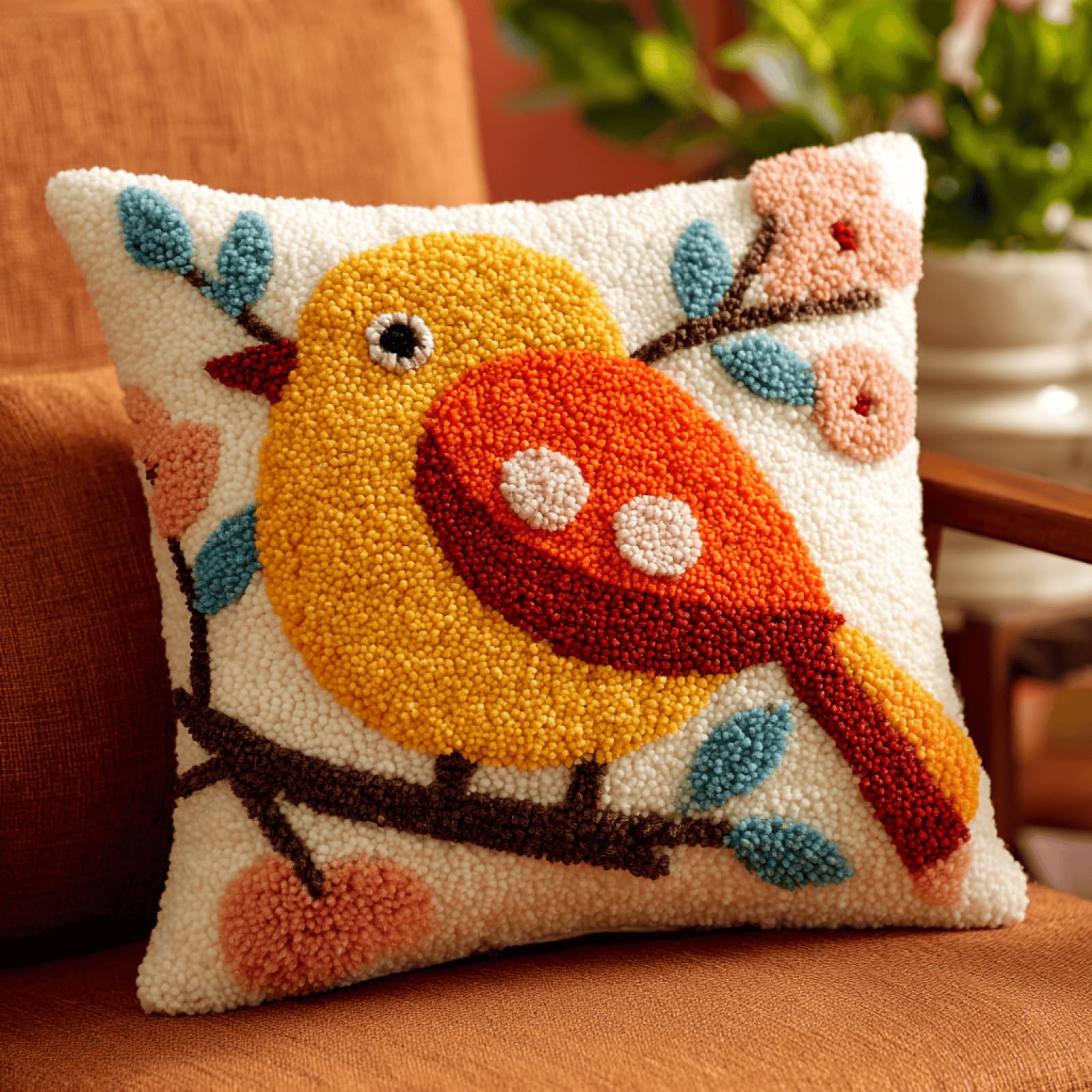 Taxpy Bird On Tree DIY Latch Hook Pillow Kit,17x17in Handmade Cushion Cover Craft Set with Colour Printed Canvas and Yarn,Cozy Decorative Throw Pillow for Sofa Bedroom