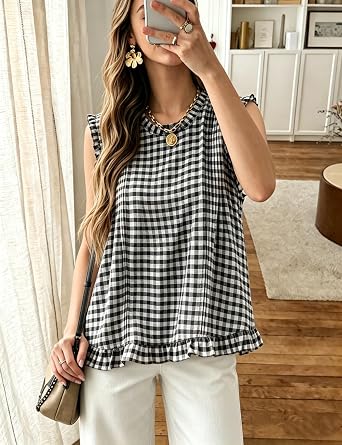 Xiaoxuemeng Womens Sleeveless Plaid Tank Top Retro Back Button Closure Vest