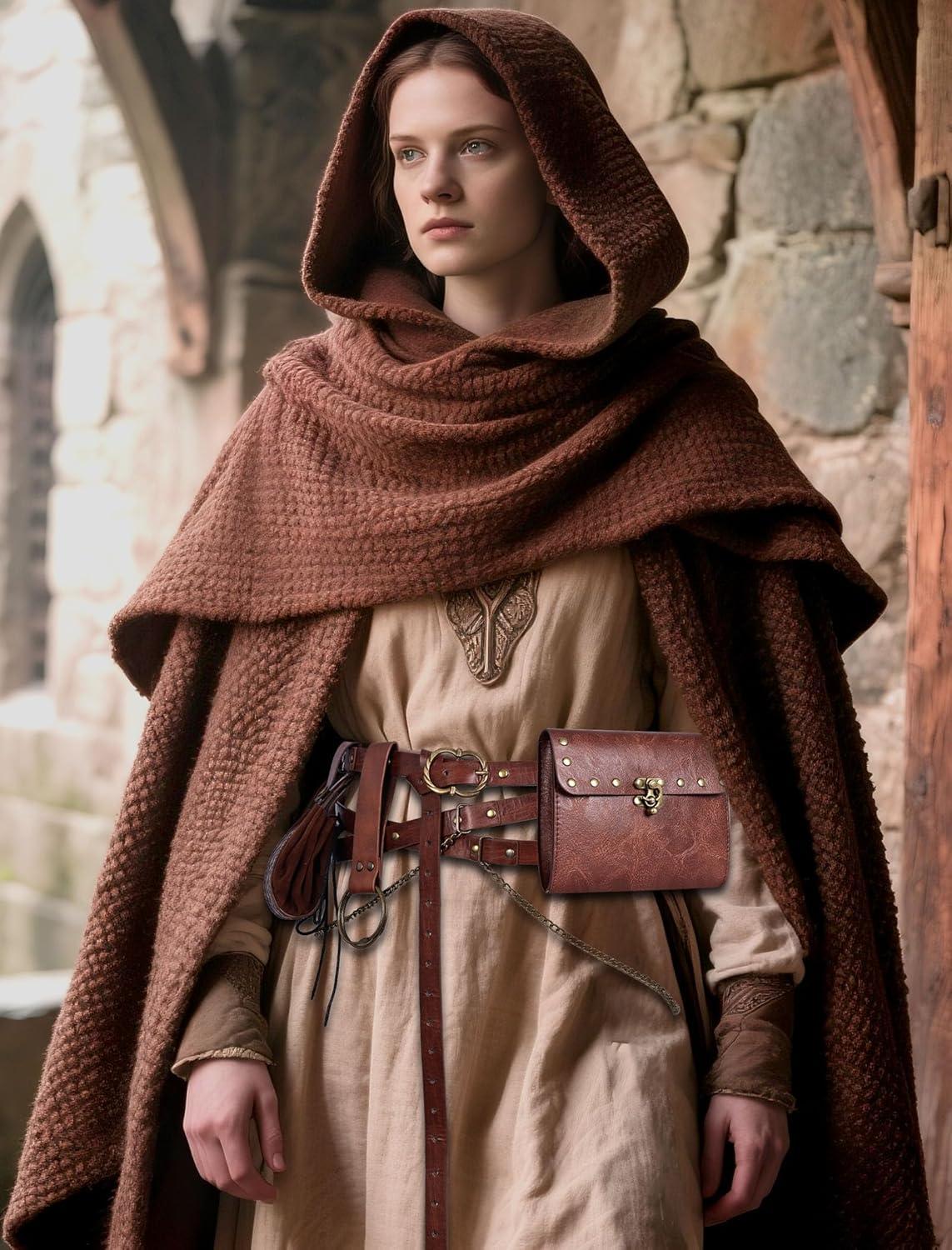 Medieval Belt with Renaissance Bag & Detachable Chains, Vintage Faux Leather Waist Pouch Dresses Belt