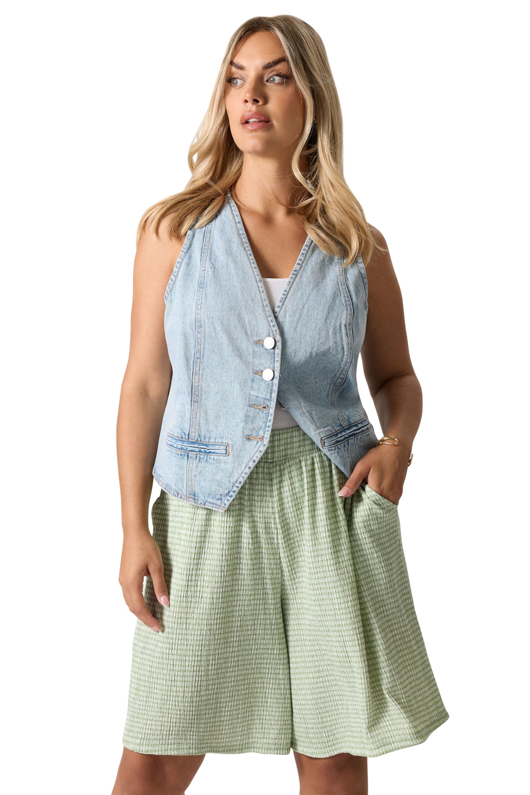 Yours Women's Green Curve Sage Gingham Textured Shorts - Plus Size Curve