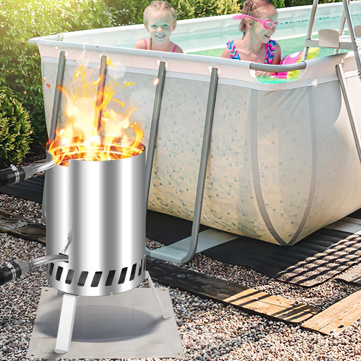 Fiqops Calefacción para piscina de leña con fuego, calentador de piscina de acero inoxidable con barril de fuego, estufa de piscina con conexiones de 32 – 38 mm, calefacción de piscina exterior de