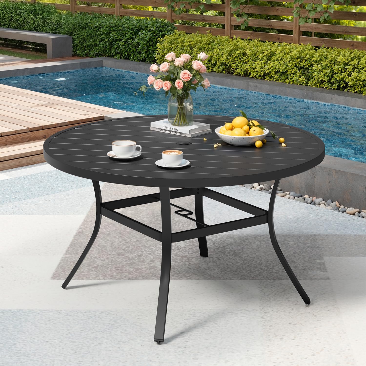 Similar to MELLCOM 47” Round Outdoor Dining Table for 6, Metal Patio Dining Table with Umbrella Hole, All-Weather Black Table for Porch, Garden, Backyard, Poolside, Lawn