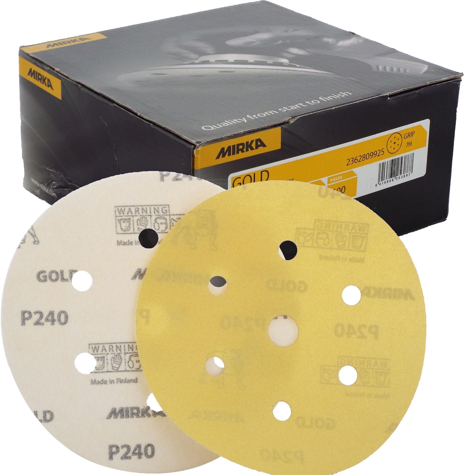 Mirka Gold Hook-It DA Sanding Discs Ø 150mm 6" 240 Grit 6+1 Hole Sander Pads Suited for sanding at high speed and are classed as a highly durable product.