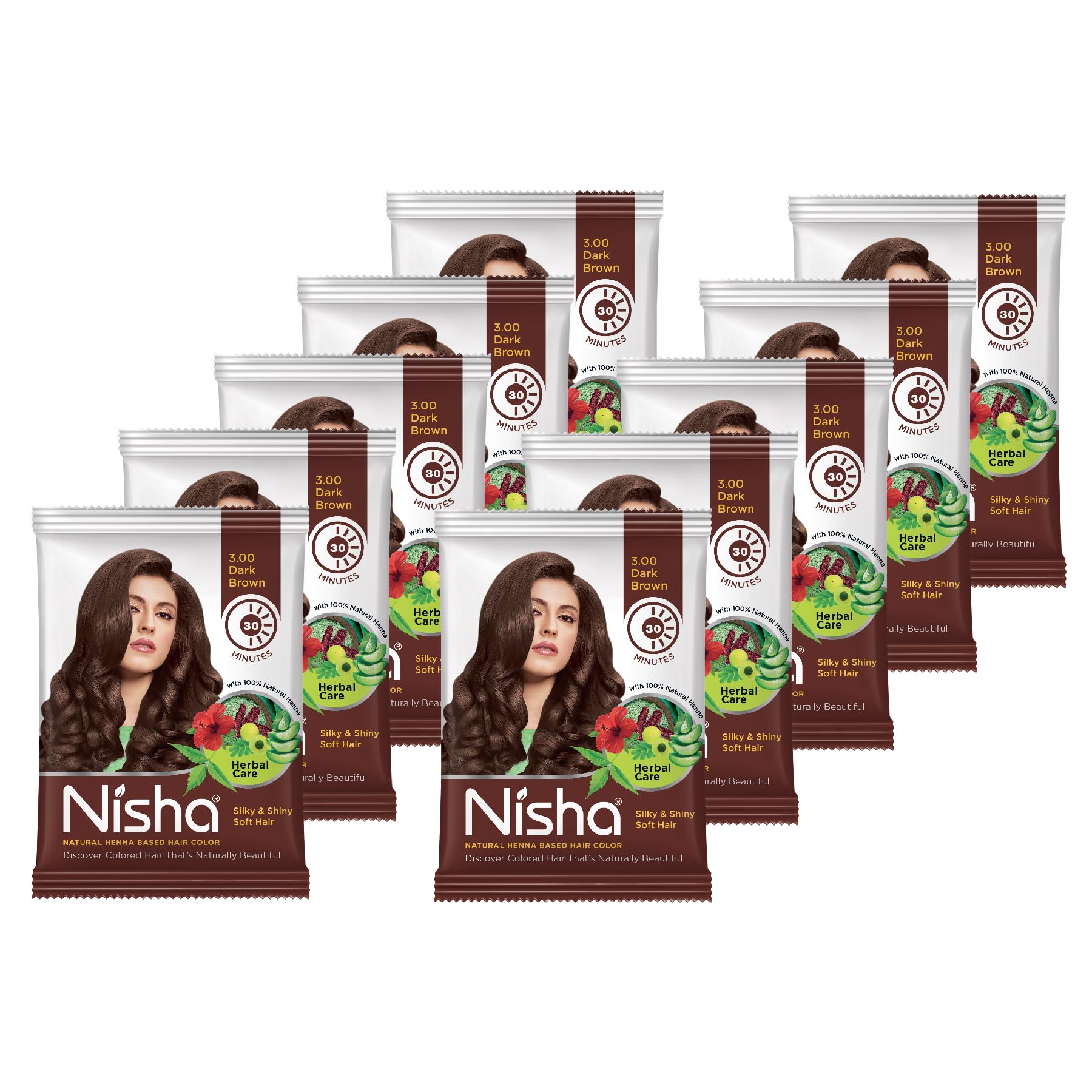 Nisha Natural Henna Powder for Hair Colour, Dark Brown Semi-Permanent Hair Color, Herbal Conditioning Hair Dye for Silky & Shiny Soft Hair for Men & Women 10g (Pack of 10), Ammonia-Free-image-13