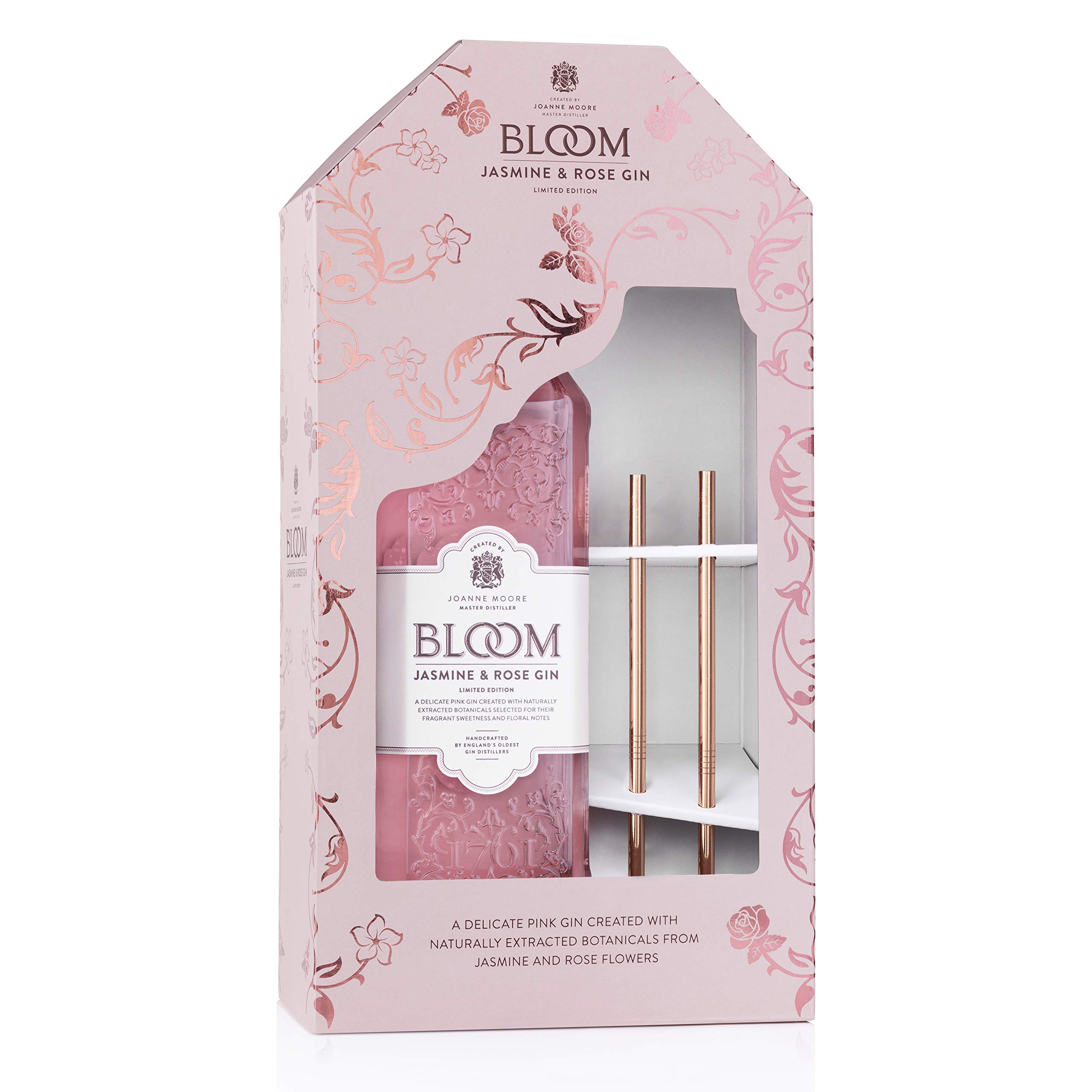 bloomGin Gift Set with Jasmine & Rose Gin and 2 Metal Straws - 70 cl