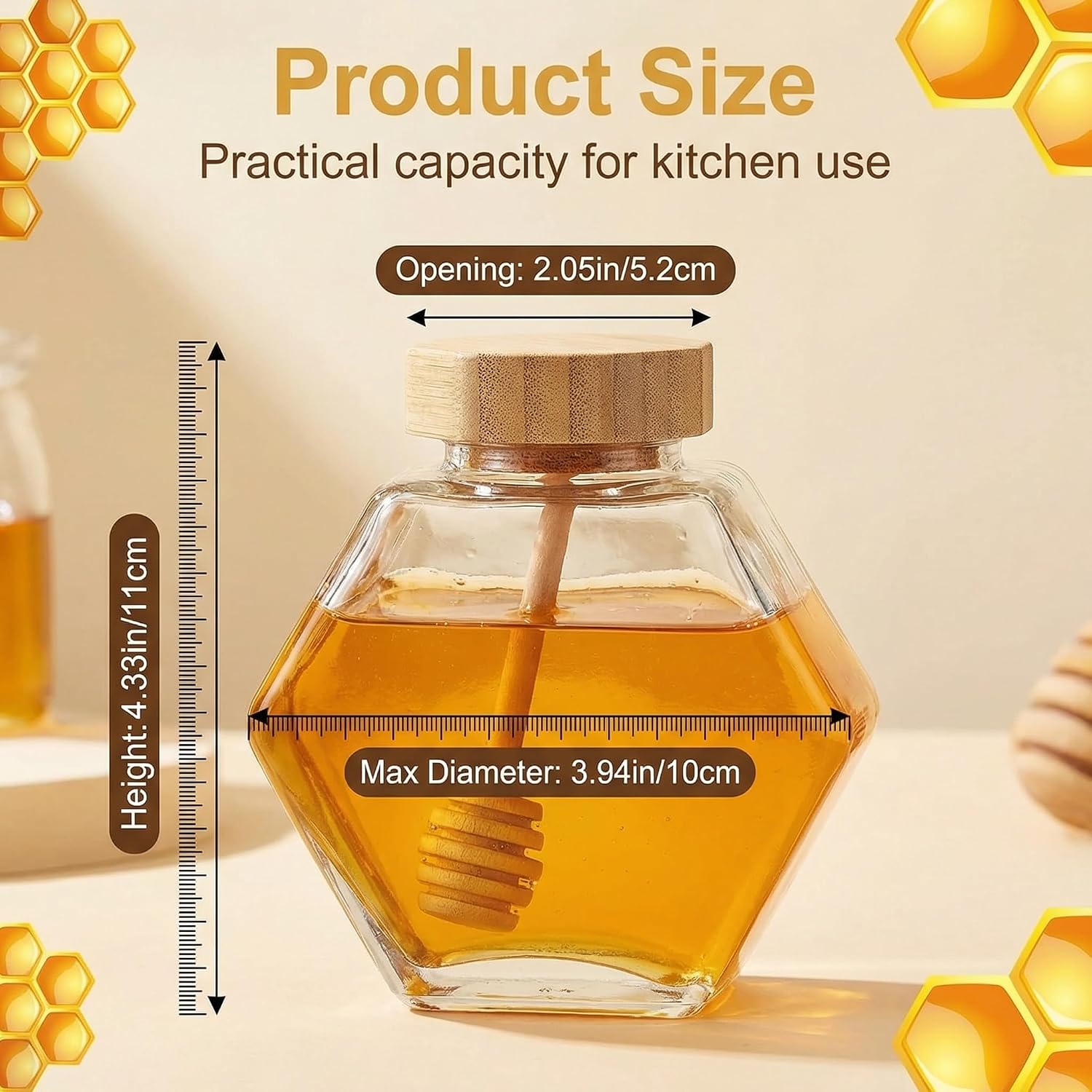1Pcs 7.74 oz/ 220 ml Glass Honey Jars with Dipper Hexagonal Clear Glass Dispenser Small Honey Containers Bottle with Wooden Dipper and Cork Lid for Home Storage Kitchen