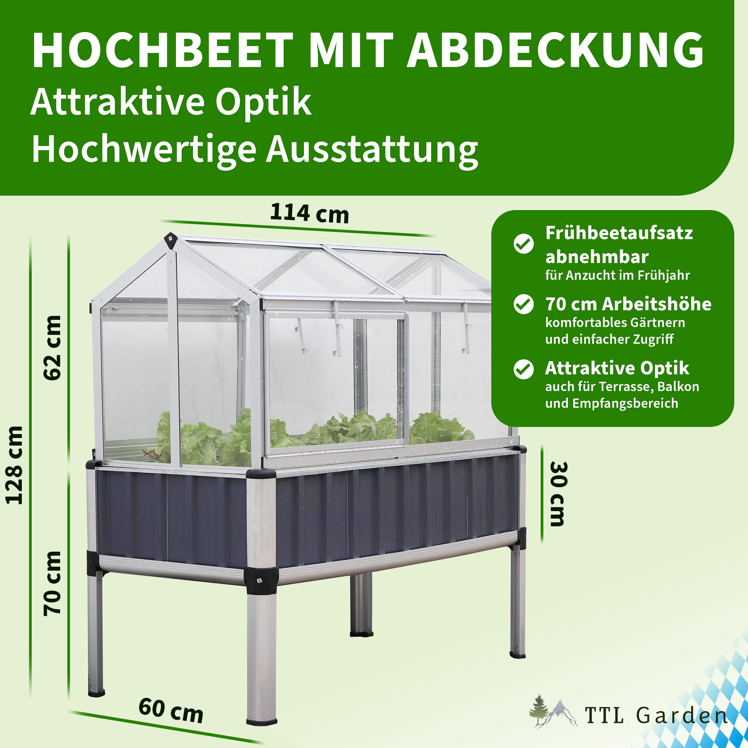 TTL GARDEN Hochbeet 128x114x60cm Superior Plus mit Frühbeet Aufsatz - Alu | großes hochwertiges Aluminium Hochbeet mit Gewächshaus Abdeckung mehrteilige Türen & Dach aus durchsichtigem Polycarbonat