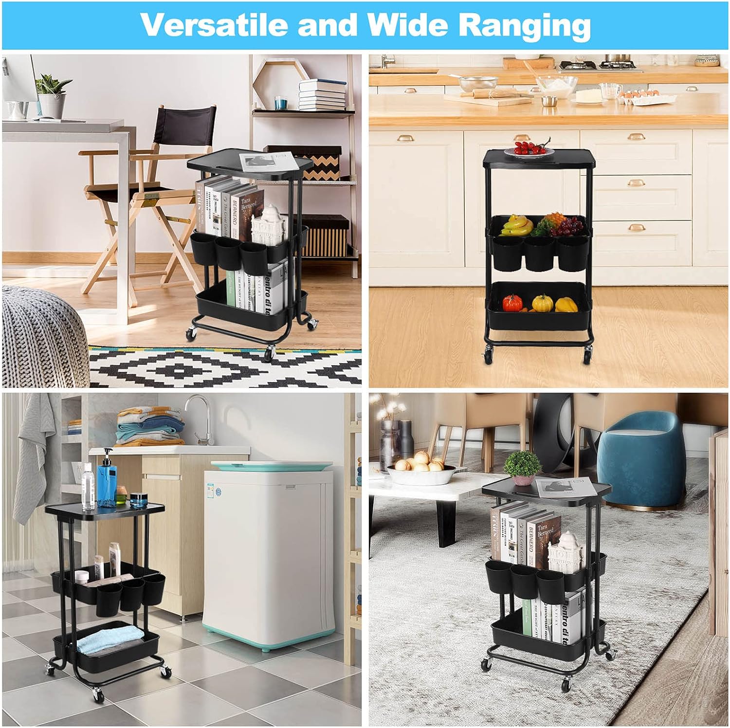 3 Tier Rolling Storage Cart with Practical Tabletop, Utility Rolling Cart with Control Handle,Trolley Organizer with Locking Wheels for Library Office Classroom Home Bedroom(Black) : Office Products