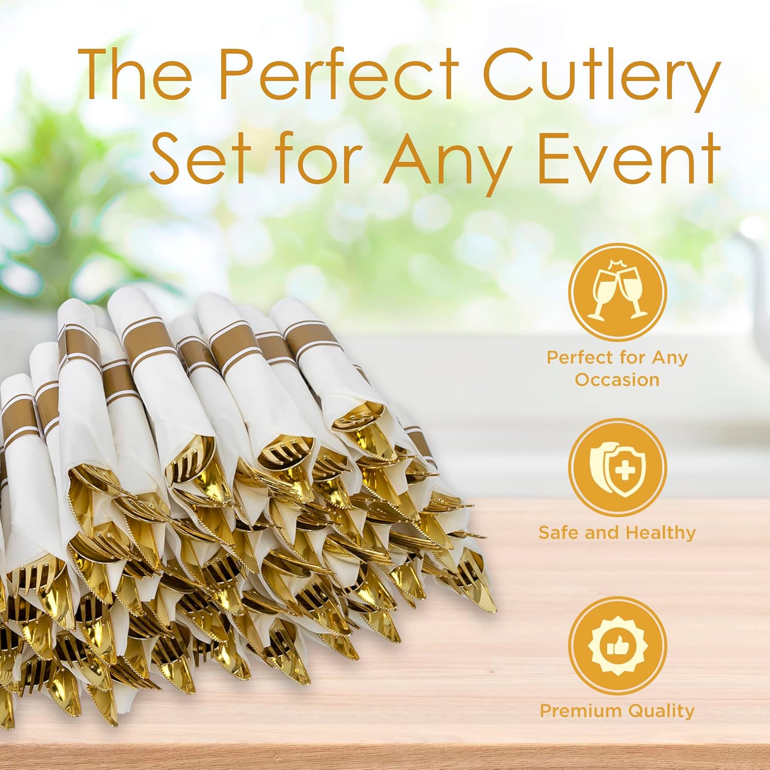 50 Gold Wrapped Plastic Cutlery Set with Napkin - By Zulzzy- Individually Pre Rolled Gold Silverware Disposable Ideal for Parties, Weddings, 50 Forks, Spoons & Knives with White Napkins