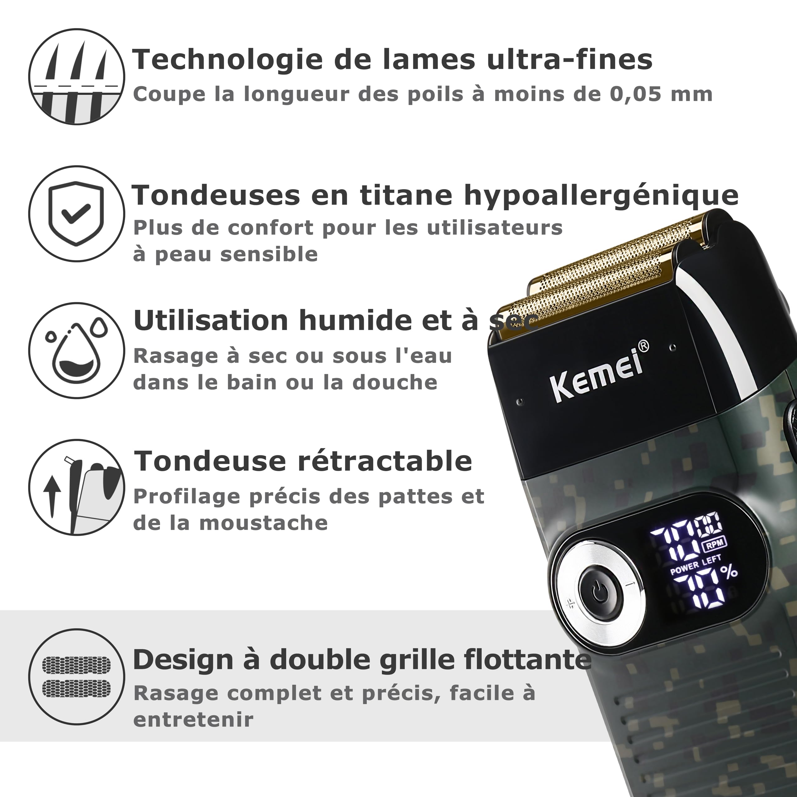 KEMEI Rasoir à grille pour homme Rasoir électrique pour tête chauve Shaver Homme sans fil avec affichage LED Cadeau pour la fête des pères