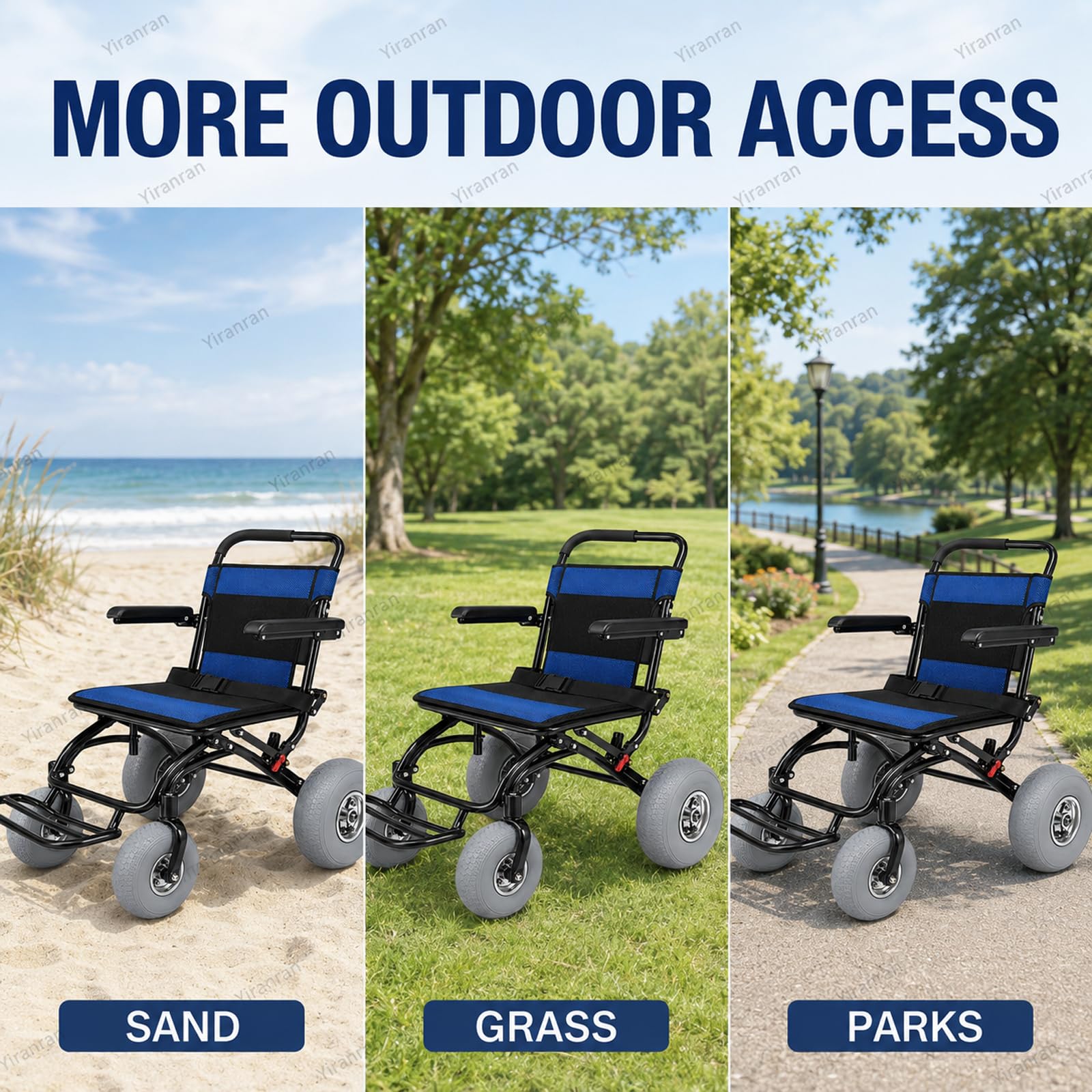 Silla De Ruedas Todoterreno para Playa, Plegable, con Neumáticos Anchos para Arena Blanda, De 12 Y 9 Pulgadas, Capacidad De 220 LB, Ruedas De Liberación Rápida, Reposabrazos Y Reposapiés