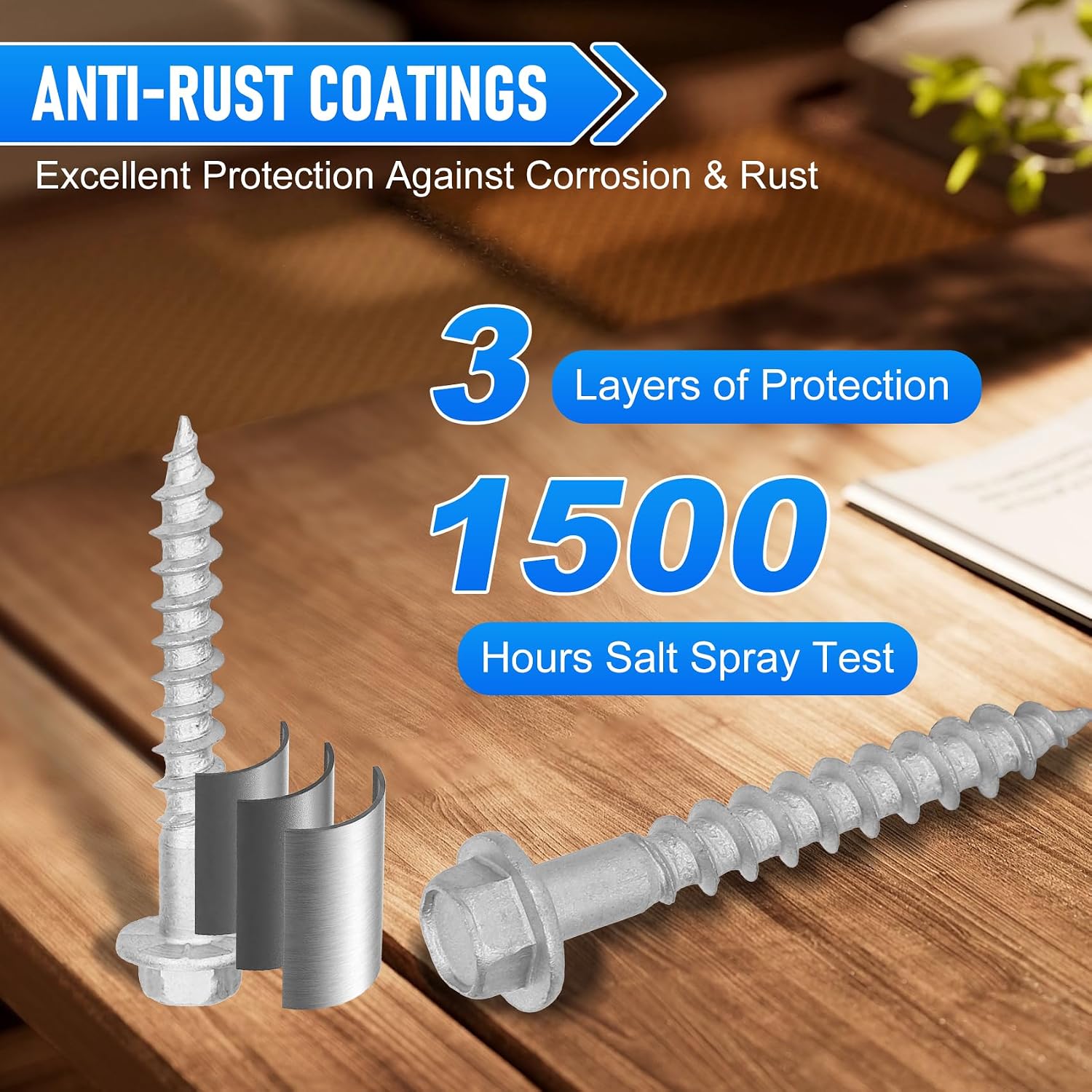 500QTY #10 x 1-1/2" Joist Hanger Screws,Replace 10112R500 Joist Hanger Screws & 10DNails,1/4" Hex Socket Wood Screws 0.370"-Dia Deck Screw Heavy‑Duty Deck Screw 500-Hour Salt Spray Rust Test