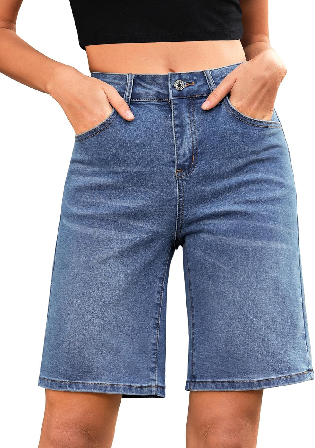 LookbookStore Bermuda Shorts for Women High Waisted Classic Casual Long Jean Shorts Stretchy Denim Jorts with Pockets