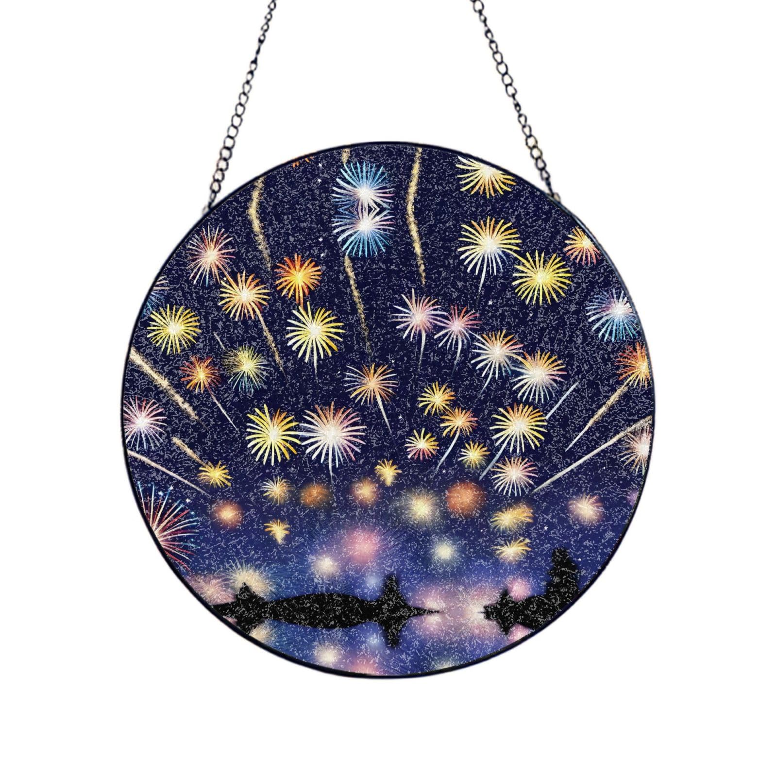 Phayah Fireworks Print Stained Glass Window Hanging Sun Catchers Decoration Mother'S Day Birthday Gifts For Home Garden Porch 4in（10cm）