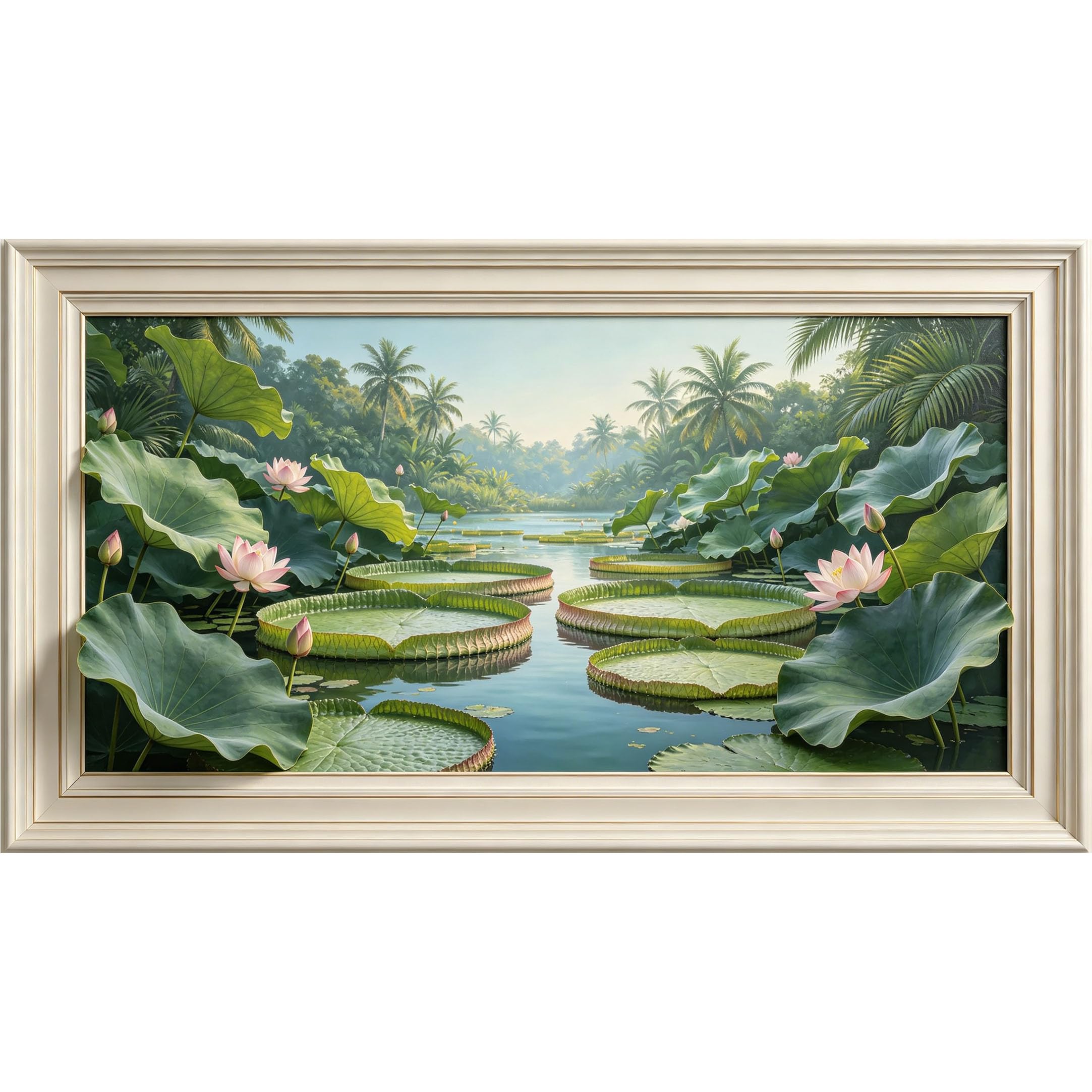 QZLITHOTIC 50×90cm3D Framed Wall Art， Tropical Lotus Pond Botanical Nature Landscape Self?Adhesive Mural， Water?Activated Peel & Stick Fabric Decor Wall Decal for Bedroom Living Room