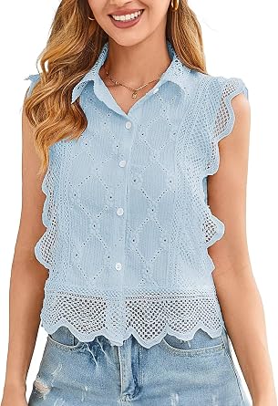 Falechay Tank Top for Women Button Down Summer Casual Tops Collared Sleeveless Shirts Babydoll Eyelet Ruffle Blouse