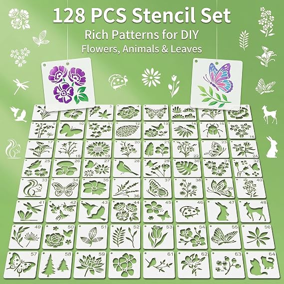 Pack of 128 Reusable Plastic Stencils Templates Stencil Reusable Plastic Templates Flowers Stencils Small Painting Set Stencils Set for Scrapbooking Wood Furniture Canvas Decoration