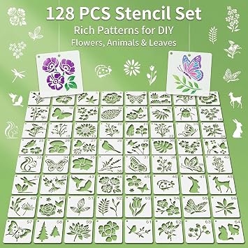 Pack of 128 Reusable Plastic Stencils Templates Stencil Reusable Plastic Templates Flowers Stencils Small Painting Set Stencils Set for Scrapbooking Wood Furniture Canvas Decoration