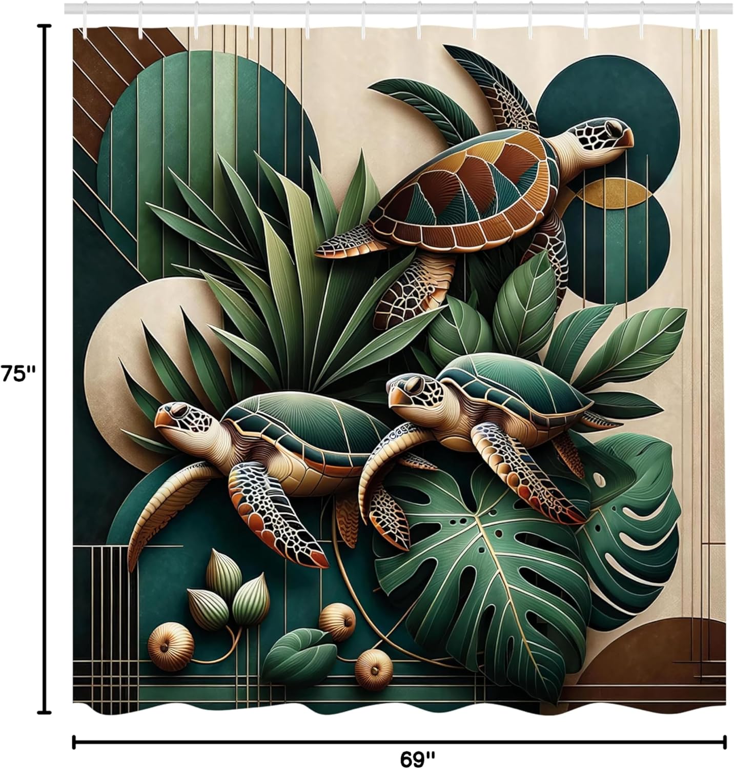 Ambesonne Turtle Shower Curtain, Mid Century Style Monstera Leaves Exotic Marine Nature Earthy Colors, Cloth Fabric Bathroom Decor Set with Hooks, 69" W x 75" L, Hunter Green Beige Brown