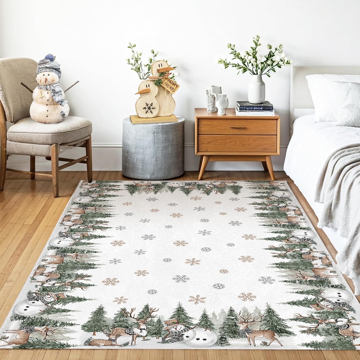 Winter Snowman Reindeer Washable Area Rug 5 x 7 Ft, Pine Tree Soft Non Slip Large Rugs Indoor Home Decor, Christmas Entryway Floor Carpet Living Room Bedroom Kitchen Dining Room Decoration
