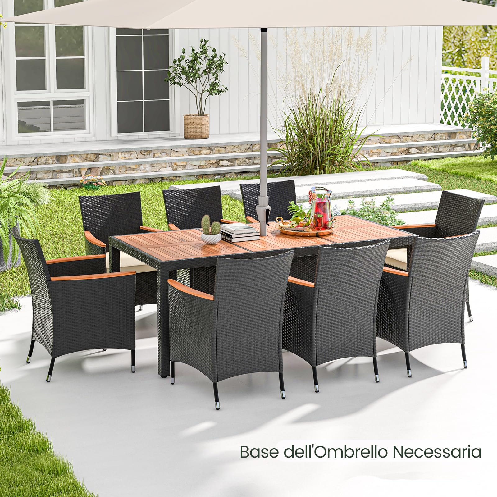 COSTWAY Set da Giardino 9 Pezzi in Rattan PE, Set Pranzo da Giardino con 1 Tavolo e 8 Sedie con Cuscini, Tavolo da Esterno con Piano in Legno di Acacia e Foro per Ombrellone, Naturale